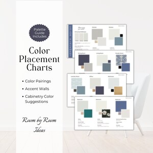 May include: A set of color placement charts for different rooms in a house. The charts include color pairings, accent wall suggestions, and cabinetry color suggestions. The text "Color Placement Charts" is at the top of the page. The text "Room by Room Ideas" is at the bottom of the page.