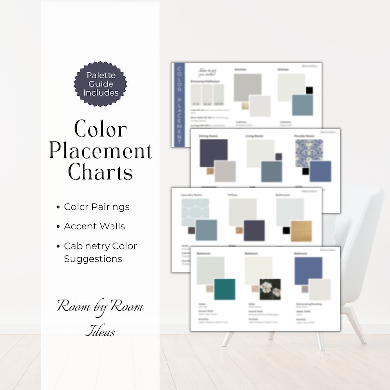 May include: A set of color placement charts for different rooms in a house. The charts include color pairings, accent wall suggestions, and cabinetry color suggestions. The text "Color Placement Charts" is at the top of the page. The text "Room by Room Ideas" is at the bottom of the page.