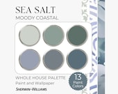 Sherwin Williams Sea Salt Palette, Coastal Paint Scheme, Sherwin Williams Moody Green, Jewel Tone Paint Colors, Whole House Paint Palette