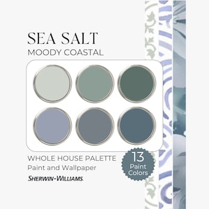 Sherwin Williams Sea Salt Palette, Coastal Paint Scheme, Sherwin Williams Moody Green, Jewel Tone Paint Colors, Whole House Paint Palette