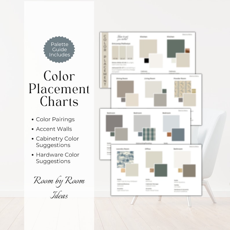 May include: Color placement charts for home decor, showing different color palettes for various rooms, including living room, bedroom, dining room, and powder room. The charts include color pairings, accent wall suggestions, cabinetry color suggestions, and hardware color suggestions.