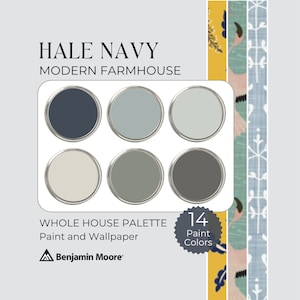May include: A paint colour palette for a modern farmhouse style home. The palette includes six paint colours in a circular format. The colours are: Hale Navy, a light blue, a medium blue, a light grey, a medium grey, and a dark grey. The text "Hale Navy Modern Farmhouse" is at the top of the image. The text "Whole House Palette Paint and Wallpaper" is at the bottom of the image. The text "14 Paint Colours" is in a circle at the bottom right of the image.