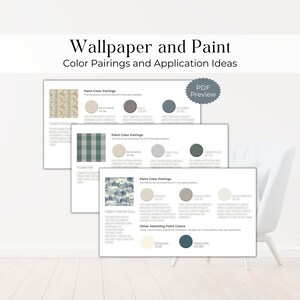 May include: A PDF preview of a guide to wallpaper and paint color pairings. The guide features three different wallpaper patterns with corresponding paint colors. The text includes the phrase "Paint Color Pairings" and "Other Matching Paint Colors".