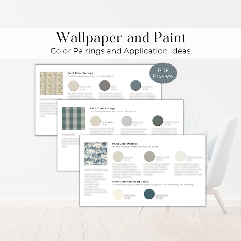 May include: A PDF preview of a guide to wallpaper and paint color pairings. The guide features three different wallpaper patterns with corresponding paint colors. The text includes the phrase "Paint Color Pairings" and "Other Matching Paint Colors".