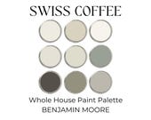 Swiss Coffee Benjamin Moore, Neutral Paint Colors, Whole House Color Scheme, Creamy White Kitchen Cabinets, Earthy Paint Palette, OC-45