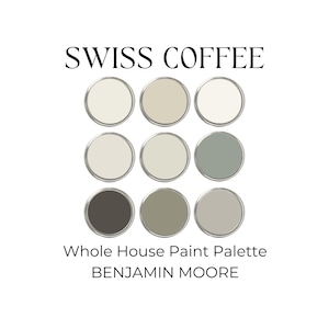 Swiss Coffee Benjamin Moore, Neutral Paint Colors, Whole House Color Scheme, Creamy White Kitchen Cabinets, Earthy Paint Palette, OC-45