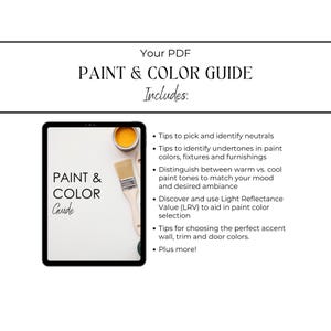 K&ouml;nnte beinhalten: Ein digitales PDF-Handbuch mit dem Titel "Paint & Color Guide" mit einem schwarzen Tablet, das Farbe und einen Pinsel zeigt. Der Leitfaden enth&auml;lt Tipps zur Identifizierung von Neutralt&ouml;nen, Untert&ouml;nen und zur Anpassung von Farbt&ouml;nen an das Ambiente.