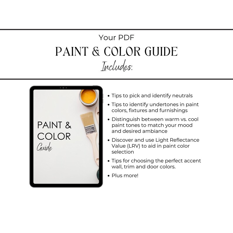 K&ouml;nnte beinhalten: Ein digitales PDF-Handbuch mit dem Titel "Paint & Color Guide" mit einem schwarzen Tablet, das Farbe und einen Pinsel zeigt. Der Leitfaden enth&auml;lt Tipps zur Identifizierung von Neutralt&ouml;nen, Untert&ouml;nen und zur Anpassung von Farbt&ouml;nen an das Ambiente.