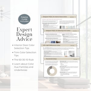 May include: A guide to interior design advice, including tips on selecting interior door and trim colors, and the 60-30-10 rule for color palettes. The guide includes a pie chart illustrating the rule.