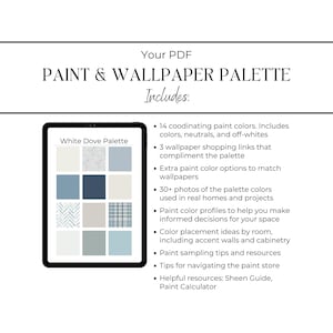 K&ouml;nnte beinhalten: Ein digitales PDF mit dem Titel "Paint & Wallpaper Palette" mit einer "White Dove Palette" auf einem Tablet. Die Palette enth&auml;lt koordinierte Farben, Tapetenlinks und Farbplatzierungsideen. Das PDF enth&auml;lt auch Tipps und Ressourcen zum Farbmuster.