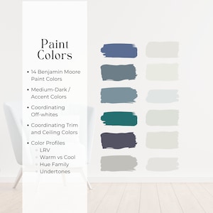 May include: A visual guide to 14 Benjamin Moore paint colors, including medium-dark accent colors, coordinating off-whites, and trim and ceiling colors. The guide also includes information about color profiles, light reflectance value (LRV), warm vs cool tones, hue family, and undertones.