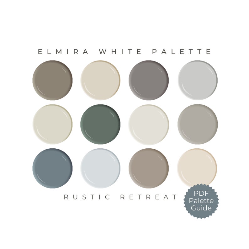 Benjamin Moore Elmira White coordinating colors with Iron Gate, Stone, Museum Piece, Caldwell Green, Montpelier, Ashley Gray, Metro Gray, Classic Gray, Ashwood, Gray Cloud, Ice Breaker.