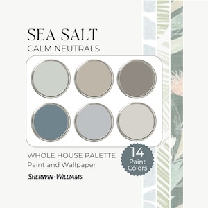 May include: A paint color palette called "Sea Salt" with 6 paint chips in shades of blue, gray, and beige. The palette is labeled "Calm Neutrals" and "Whole House Palette: Paint and Wallpaper". The Sherwin-Williams logo is also included. The palette includes 14 paint colors.