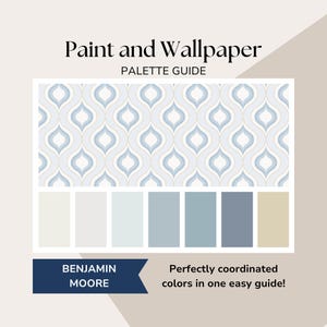 Puede incluir: Una guía de paleta de pintura y papel pintado con un diseño de papel pintado azul y blanco. Debajo, seis muestras de color en tonos de azul, gris y beige. El texto dice "Paint and Wallpaper" y "Perfectly coordinated colors in one easy guide!"
