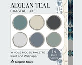 Aegean Teal Color Palette, Wallpaper and Paint Pairings, Benjamin Moore Whole House Palette, Beach House Paint Palette, Coastal Paint Colors