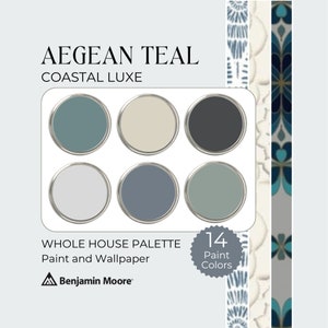 Aegean Teal Color Palette, Wallpaper and Paint Pairings, Benjamin Moore Whole House Palette, Beach House Paint Palette, Coastal Paint Colors