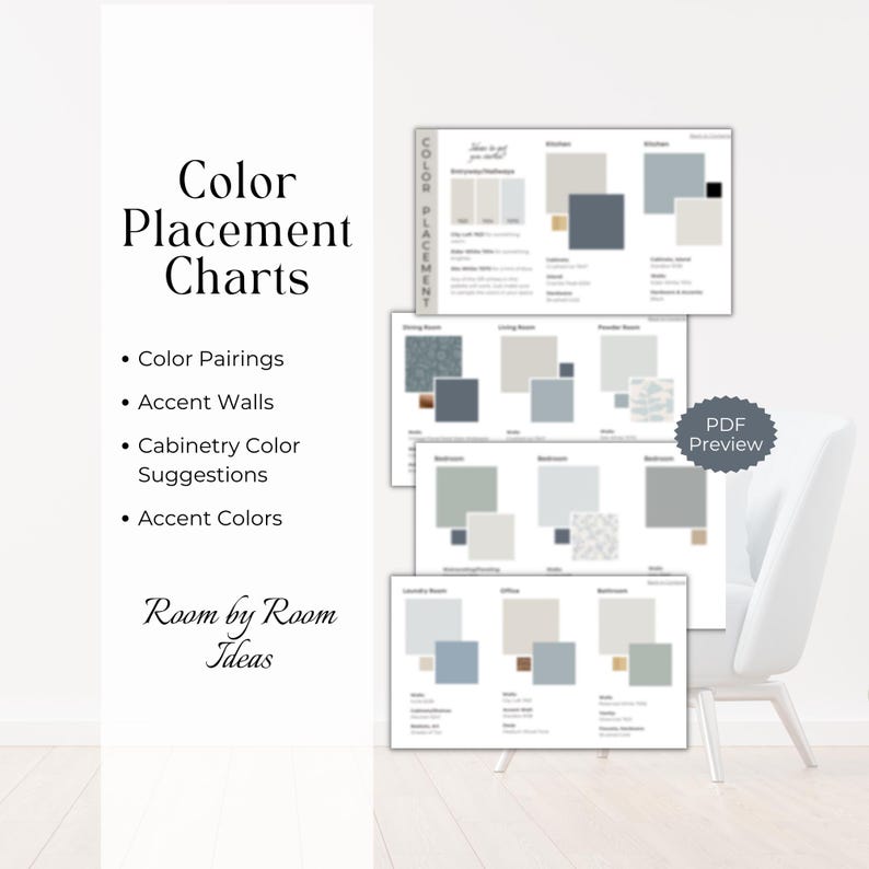 May include: Color placement charts for different rooms in a house. The charts show color pairings, accent walls, cabinetry color suggestions, and accent colors. The charts are labeled with room names, such as "Dining Room", "Living Room", and "Bedroom".