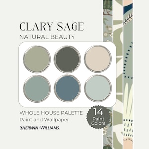 Tavolozza di colori salvia sclarea, vernice verde salvia, colori di vernice blu e verde, vernice e carta da parati, tavolozza di colori per tutta la casa di Sherwin Williams