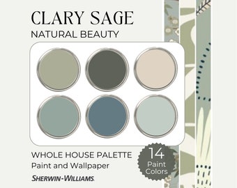 Clary Sage Paint Palette, Sage Green Paint, Blue and Green Paint Colors, Paint and Wallpaper, Sherwin Williams Whole House Color Palette