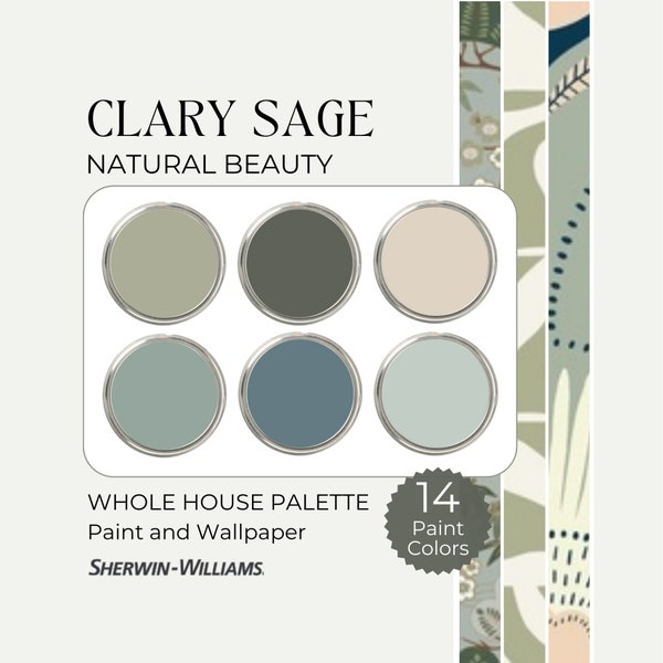 Clary Sage Paint Palette, Sage Green Paint, Blue and Green Paint Colors, Paint and Wallpaper, Sherwin Williams Whole House Color Palette