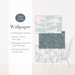 May include: Three wallpaper samples with different patterns. The patterns are abstract, floral, and a more delicate floral design. The text "Palette Guide Includes" and "Wallpaper" is visible in the image. The text also includes bullet points with information about the wallpaper options, such as direct links to purchase and color pairings.