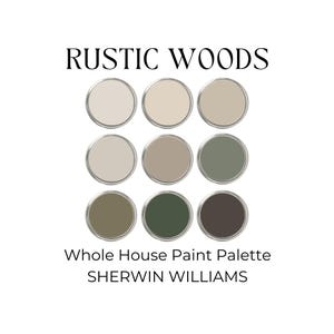 Sherwin Williams Rustic Woods Paint Palette, Sherwin Williams Green, Natural Linen Color Palette, Greige Color Palette, Moody Paint Colors