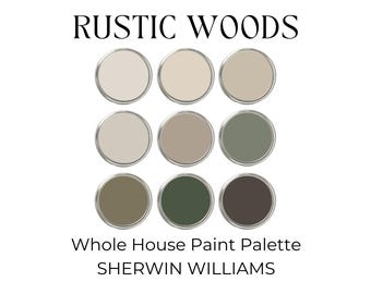Sherwin Williams Rustic Woods Paint Palette, Sherwin Williams Green, Natural Linen Color Palette, Greige Color Palette, Moody Paint Colors