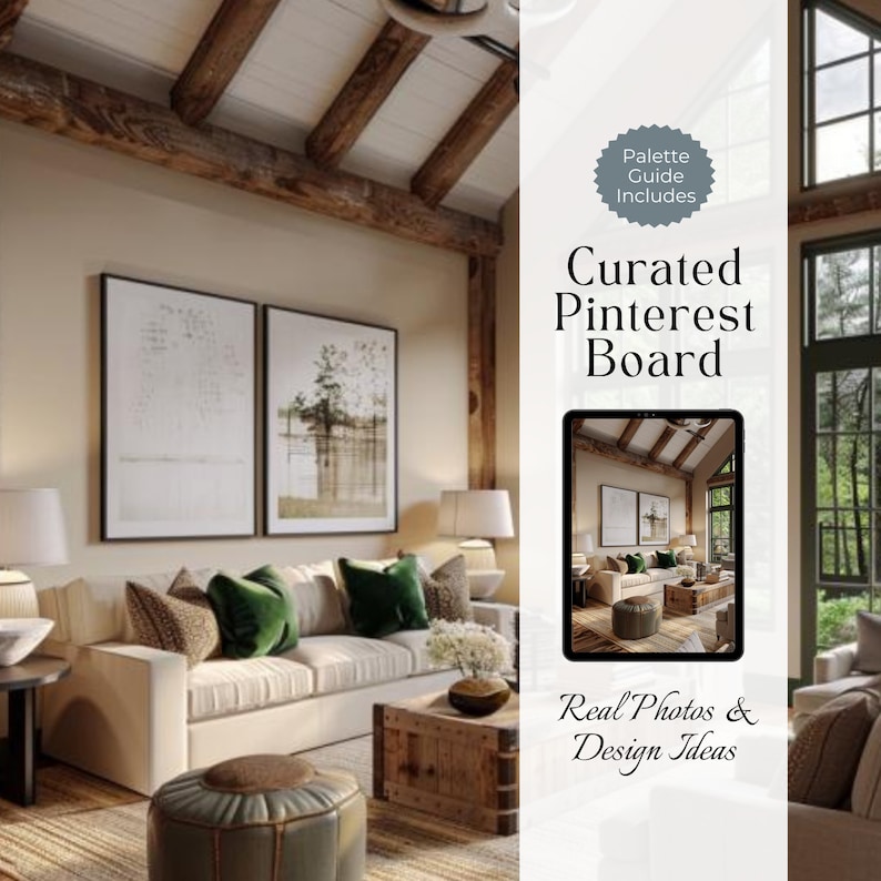 May include: A curated Pinterest board with real photos and design ideas for a living room with a white sofa, green pillows, a wooden coffee table, and a large window. The board includes a palette guide.