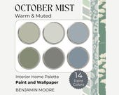 October Mist Benjamin Moore, Warm Paint Colors Interior, Wallpaper Paint Palette, Benjamin Moore Green, Wallpaper and Paint Pairings