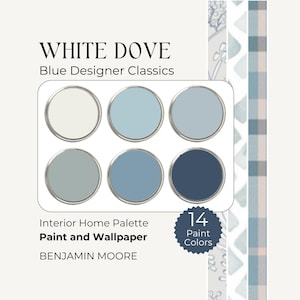 May include: A colour palette featuring six circular paint samples in shades of blue and white, with the text "WHITE DOVE Blue Designer Classics." The image also includes the text "Interior Home Palette Paint and Wallpaper" and "BENJAMIN MOORE."
