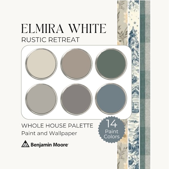 Benjamin Moore Elmira White, Cabin Paint Colors, Earthy Color Palette, Wallpaper and Paint, Whole House Color Palette, Warm Paint Colors