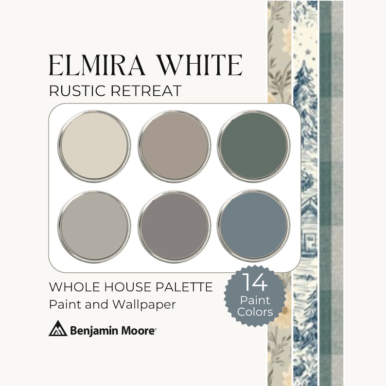 Benjamin Moore Elmira White paint palette. Cabin paint color. Earthy, neutral, warm, cozy colors.