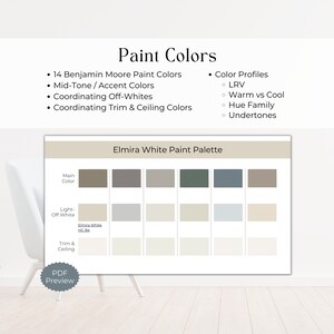 May include: A digital image showing a paint color palette with the title "Elmira White Paint Palette". The palette includes 14 Benjamin Moore paint colors, including mid-tones, accent colors, off-whites, and trim and ceiling colors. The image also includes a list of color profiles, including LRV, warm vs cool, hue family, and undertones.