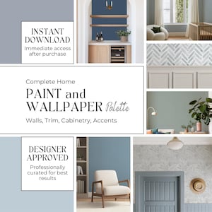 K&ouml;nnte beinhalten: Eine Collage mit Innenarchitektur-Elementen. Das Bild enth&auml;lt den Text "PAINT and WALLPAPER Palette" und "INSTANT DOWNLOAD". Verschiedene Raumszenen zeigen Farben, Tapetenmuster und M&ouml;bel und bieten Designinspiration.