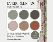 Evergreen Fog Color Palette | Rustic Boho Color Palette | Sherwin Williams Evergreen Fog | Cabin Paint Colors | Boho Wallpaper and Paint