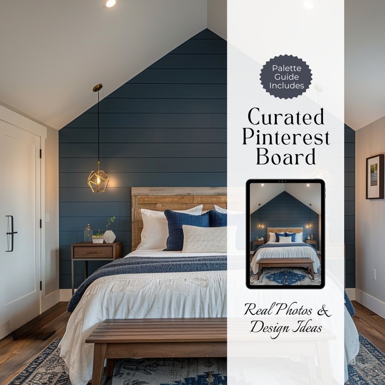 May include: A bedroom with a white bed, blue and white bedding, a wooden headboard, and a blue shiplap wall. A gold pendant light hangs from the ceiling. The image includes the text "Curated Pinterest Board" and "Real Photos & Design Ideas".
