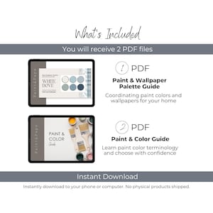 K&ouml;nnte beinhalten: Digitaler Download-Grafik mit dem Text "Was ist enthalten" und "Sie erhalten 2 PDF-Dateien". Das Bild zeigt zwei Tablets mit Farb- und Farbf&uuml;hrern. Die Anleitungen sind f&uuml;r Farb- und Tapetenpaletten und Farbbezeichnungen.