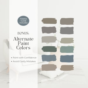 May include: A collection of 12 paint color swatches, presented as a visual guide for choosing paint colors. The swatches are arranged in rows of two, with each row featuring a different color palette. The text "BONUS: Alternate Paint Colors" is displayed above the swatches, and the text "Paint with Confidence, Avoid Costly Mistakes" is displayed below the swatches.