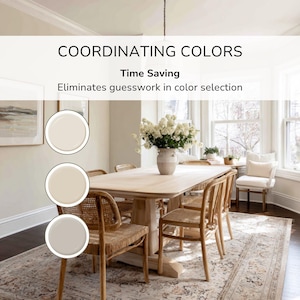 May include: A dining room scene featuring a light wood table and woven chairs. The room includes a rug, a vase of white flowers, and three paint color swatches. Text reads "COORDINATING COLORS" and "Time Saving".