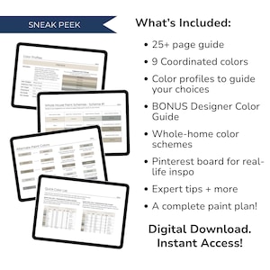 May include: A digital download product with a navy blue banner that says "SNEAK PEEK". The image shows several digital tablets displaying paint color schemes and guides. Text on the right lists features like a 25+ page guide and a complete paint plan.