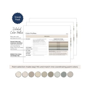 May include: A detailed color profile guide with the text "Sneak Peek" and "Detailed Color Profiles". The guide includes color pairings, descriptions, and trim color tips. Nine paint color samples are displayed at the bottom.