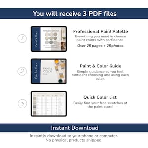 May include: Digital download graphic showing three PDF files: a paint palette guide, a paint and color guide, and a quick color list. The text reads "You will receive 3 PDF files" and "Instant Download".