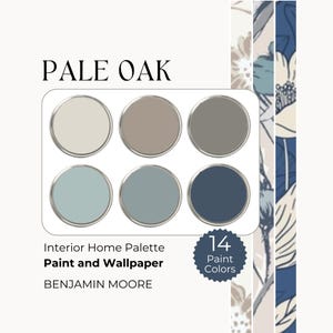 May include: A paint colour palette called "Pale Oak" by Benjamin Moore. The palette features six paint colours in a circular arrangement. The colours are a light beige, a medium beige, a dark beige, a light blue, a medium blue, and a dark blue. The palette is labelled "Interior Home Palette Paint and Wallpaper" and "14 Paint Colours".