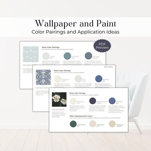May include: A PDF preview of a guide to wallpaper and paint color pairings. The guide features three different wallpaper patterns with corresponding paint colors. The guide also includes a section on other matching paint colors.