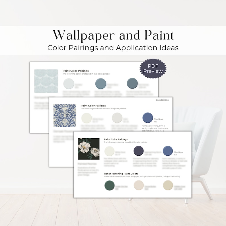 May include: A PDF preview of a guide to wallpaper and paint color pairings. The guide features three different wallpaper patterns with corresponding paint colors. The guide also includes a section on other matching paint colors.