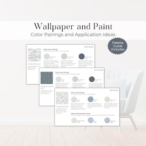 May include: Three pages of a wallpaper and paint color pairing guide. The guide features three different wallpaper patterns and suggests paint colors to pair with each pattern. The guide also includes a section on other matching paint colors.