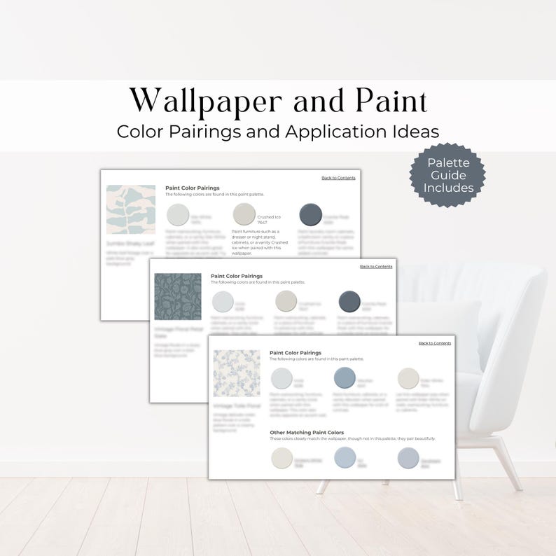 May include: Three pages of a wallpaper and paint color pairing guide. The guide features three different wallpaper patterns and suggests paint colors to pair with each pattern. The guide also includes a section on other matching paint colors.
