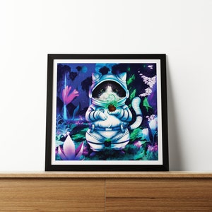 Stampa artistica "Astro Cat che esplora un pianeta" - Gatto e pianta nello spazio - Astronauta felino