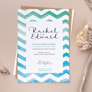 May include: A wedding invitation with a watercolor chevron pattern in shades of blue and green. The invitation announces the wedding of Rachel and Edward on Saturday, July 22, 2023, at 12pm at St. Bartholomew's Church in Winchester. The reception will be held at Clock Barn, Tufton Warren RG28 7RB. The invitation also includes the text "Bring your dancing shoes!" and the email address racheldavies@gmail.com for RSVP.