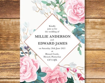 May include: A wedding invitation with a floral design featuring pink roses and green leaves. The invitation is for Millie Anderson and Edward James, and it states the wedding will take place on Saturday, June 26th, 2021 at Hensol Castle, Hensol, Pontyclun CF72 8JX.